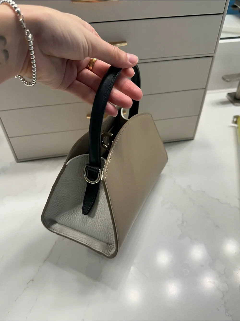 Furla Taupe Satchel with Black Top Handle